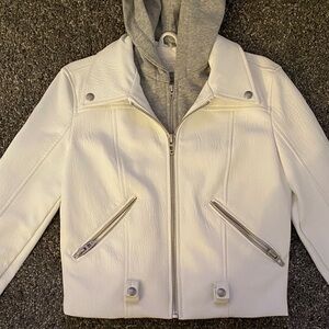 Blank NYC White Faux Leather Moto Jacket with Gray Hoodie Insert